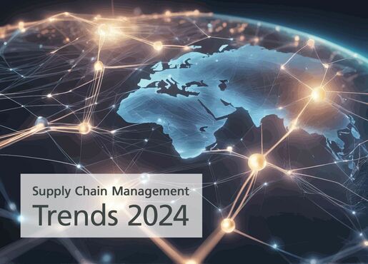 Grafik einer Weltkarte mit Aufschrift "Supply Chain Management Trends 2024"